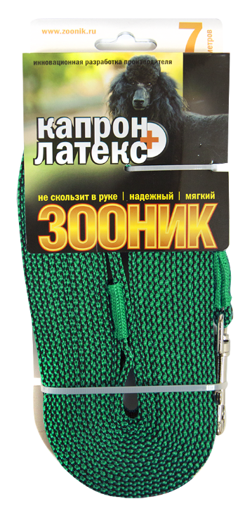 Поводок капроновый с двойной латексной нитью 7м* 15мм, ЗООНИК, зеленый	11445-1
