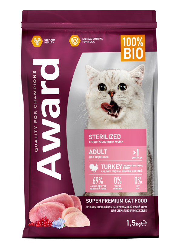 AWARD(Авард)сухой корм Sterilized для взрослых стерилизованных кошек с индейкой и курицей 1,5 кг