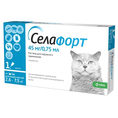 Селафорт капли противопаразитарные для кошек 2,6 -7,5 кг 45 мг/0,75 мл, KRKA