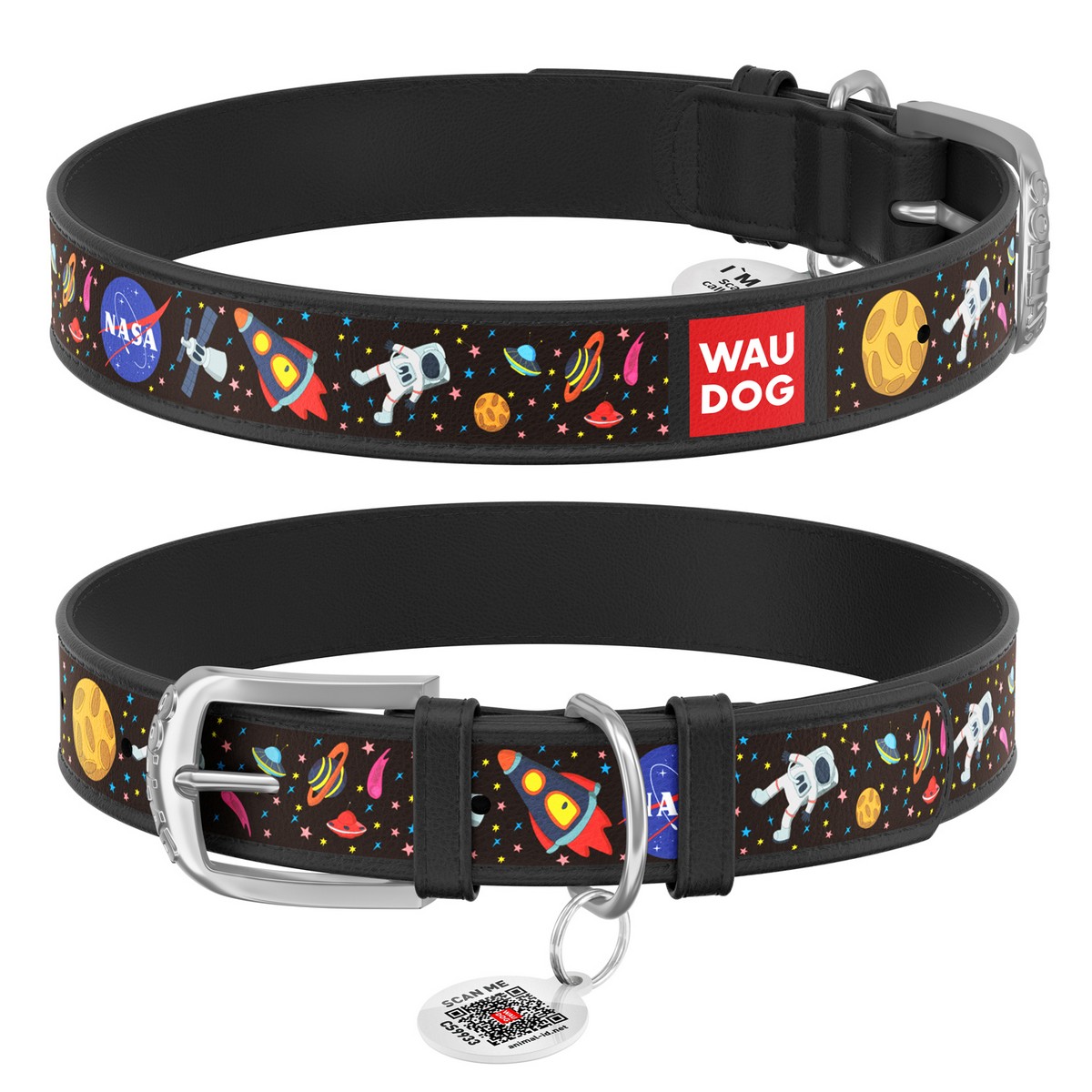Ошейник кожаный WAUDOG с QR паспортом, "NASA", Ш 15 мм, Дл 27-36 см черный 0015-0047-01