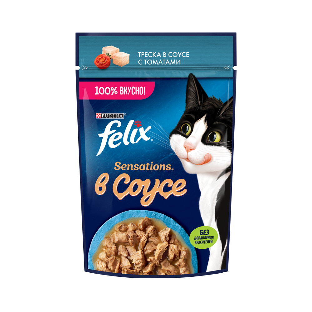 FELIX (Феликс) Sensations влажный корм для взрослых кошек в соусе с треской и томатами 75 г