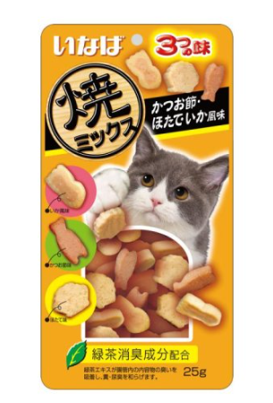 INABA Лакомство запеченое для кошек Yakimiksu со вкусом кацуобуси,морской гребешок, кальмар 25 г 