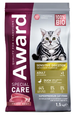 AWARD (Авард) CARE сухой корм для взрослых кошек с чувствительным пищеварением с уткой, 1,5кг