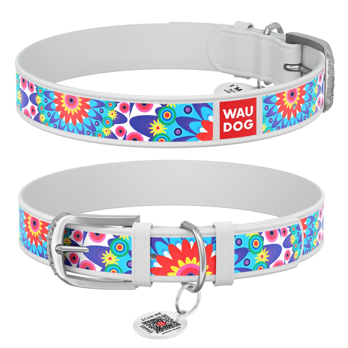 Ошейник для собак кожаный WAUDOG Design с QR паспортом,  "Цветы", Ш 20 мм, Дл 30-39 см белый 378715