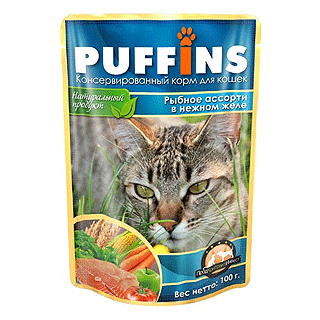 PUFFINS влажный корм для взрослых кошек рыбное ассорти в нежном желе 100 г