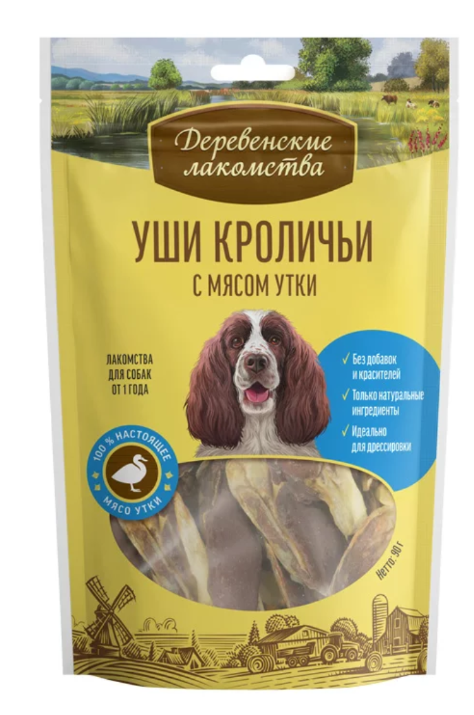 Деревенские лакомства уши кроличьи с мясом утки для собак 90г