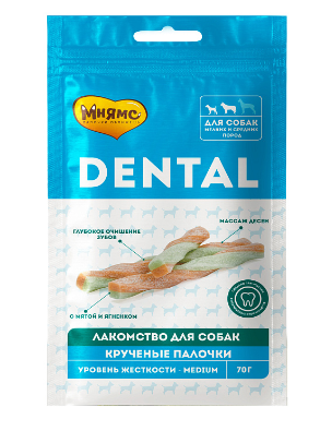 Мнямс DENTAL лакомство для собак "Крученые палочки" с ягненком и мятой 70 г 