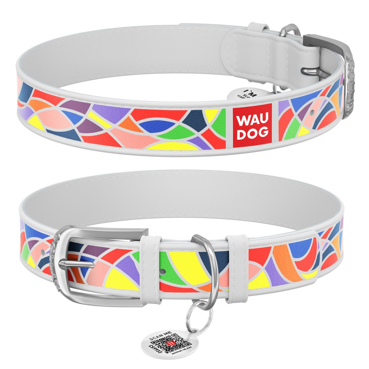 Ошейник WAUDOG Design с QR паспортом "Витраж", Ш 25 мм, Дл 38-49 см белый 366615