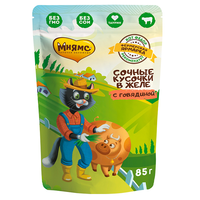 Мнямс влажный корм для кошек "Кот Федор" сочные кусочки говядина в желе 85 г