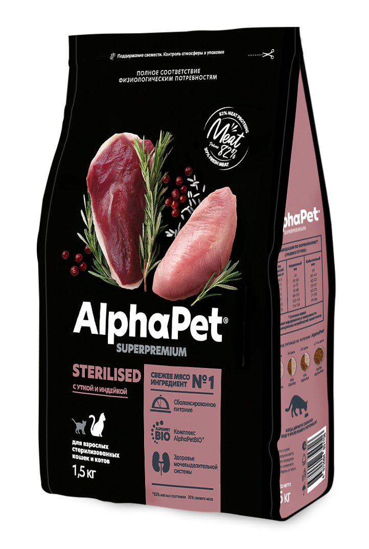 ALPHAPET (АльфаПет) корм сухой для взрослых стерилизованных кошек утка и индейка 400 г