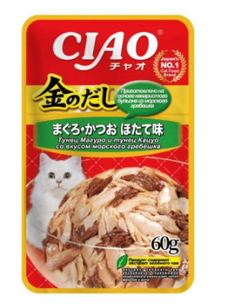INABA (ИНАБА) CIAO Корм влажный для кошек Тунец Магуро и тунец Кацуо со вкус морского гребешка 60 г