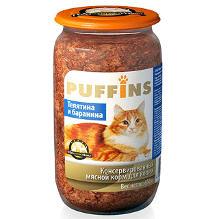 PUFFINS консервы для взрослых кошек телятина и баранина 650 г