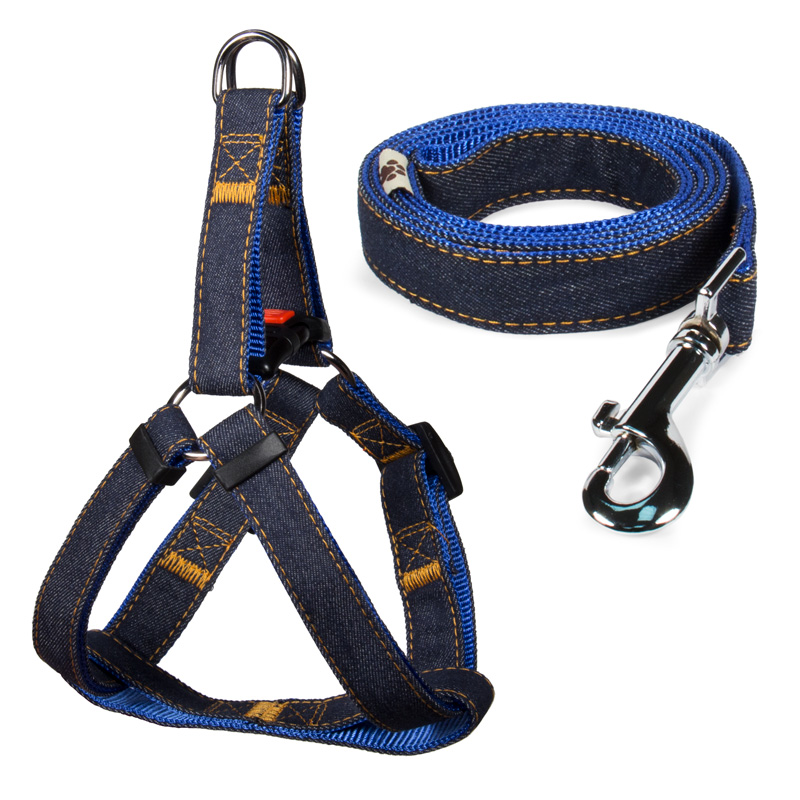 Комплект шлейка и поводок джинсовый синий 15*350-450мм, 15*1200мм 31491003