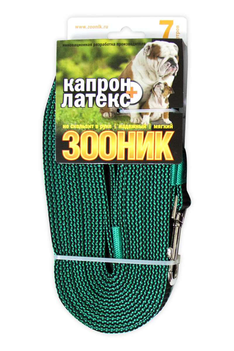 Поводок капроновый с двойной латексной нитью 7м*20 мм, ЗООНИК, зеленый 11437-1
