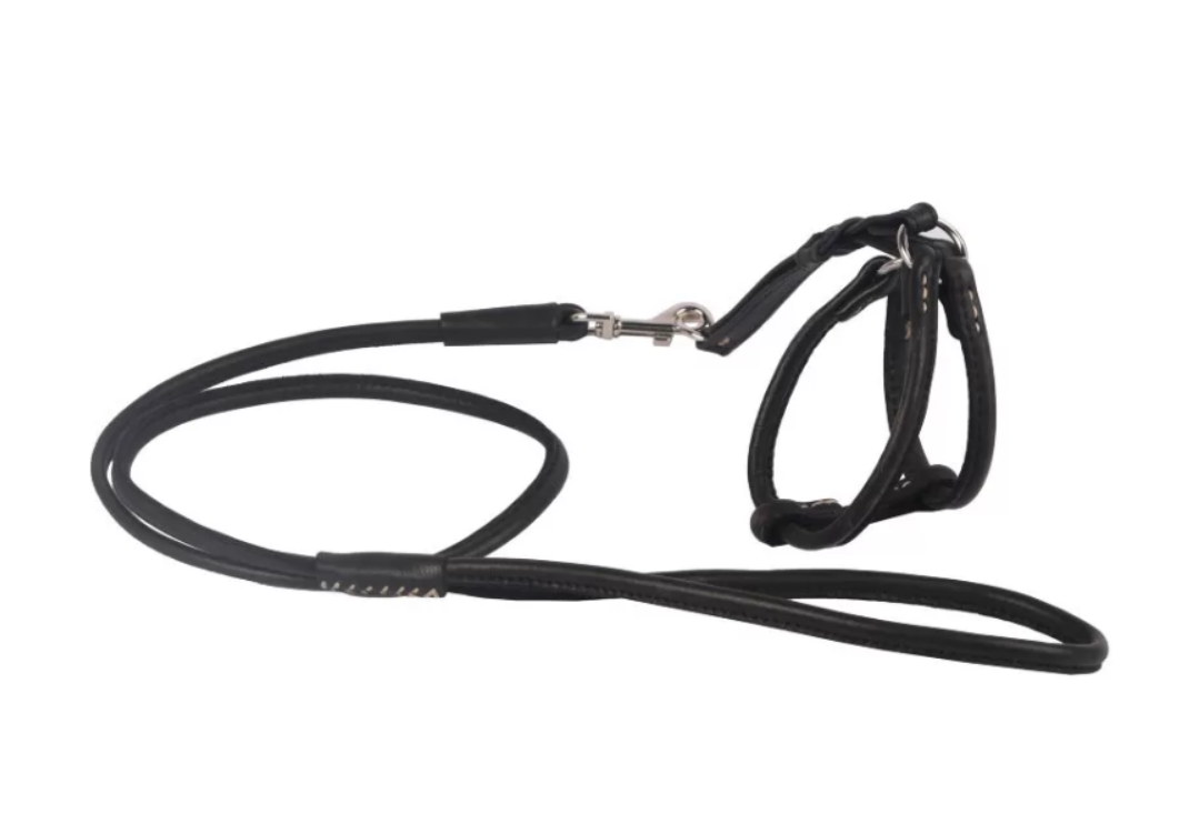 Шлея WAUDOG Soft с поводком кожа, круглая, Д 6 мм, А 26-46 см, В 30-40 см черный 46231