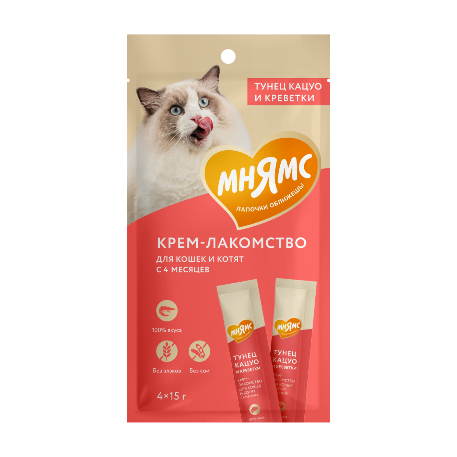 Мнямс Крем-лакомство для кошек с тунцом Кацуо и креветками 15 г*4 штуки в упаковке