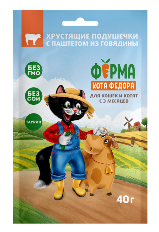 Мнямс Лакомство Ферма кота Федора хрустящие подушечки для кошек и котят с паштетом из говядины 40 г 
