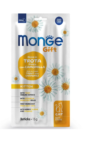 Monge(Монж)Gift Kitten для котят лакомство "Мягкие палочки" со свежей форелью и ромашкой 15 г