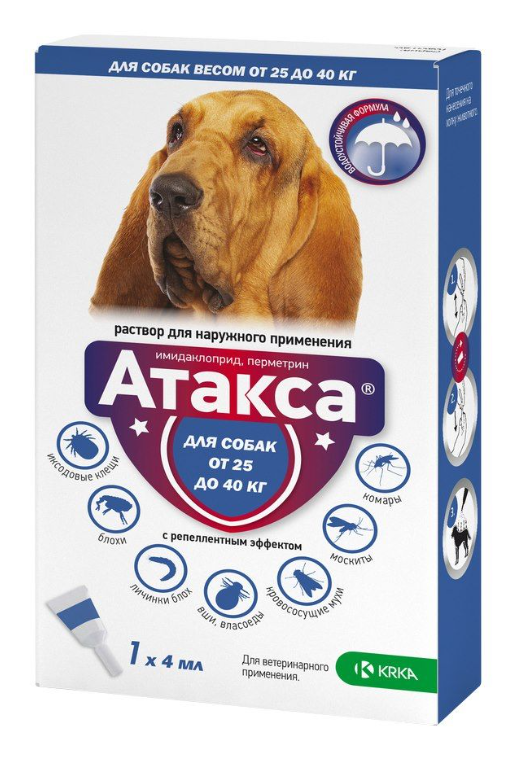 Атакса капли от клещей, блох и комаров для собак более 25 кг, 4 мл, KRKA