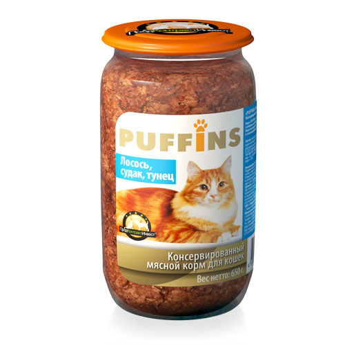 PUFFINS консервы для взрослых кошек лосось, судак и тунец 650 г