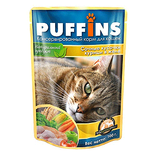 PUFFINS влажный корм для взрослых кошек сочные кусочки курицы в желе 100 г