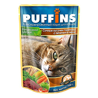 PUFFINS влажный корм для взрослых кошек сочные кусочки телятины с печенью в желе 100 г