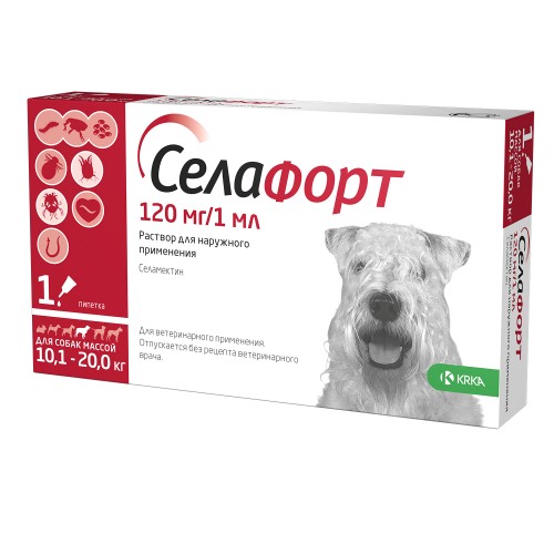 Селафорт от блох, чесоточного клеща и гельминтов для собак от 10,1-20 кг 120 мг/1 мл, KRKA