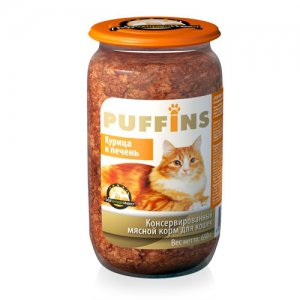 PUFFINS консервы для взрослых кошек курица и печень 650 г