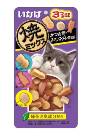INABA Лакомство запеч. д/кошек  Yakimiksu ассорти со вкусом кацуобуси, кур бульона и кальмара 25 гр