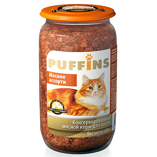 PUFFINS консервы для взрослых кошек мясное ассорти 650 г