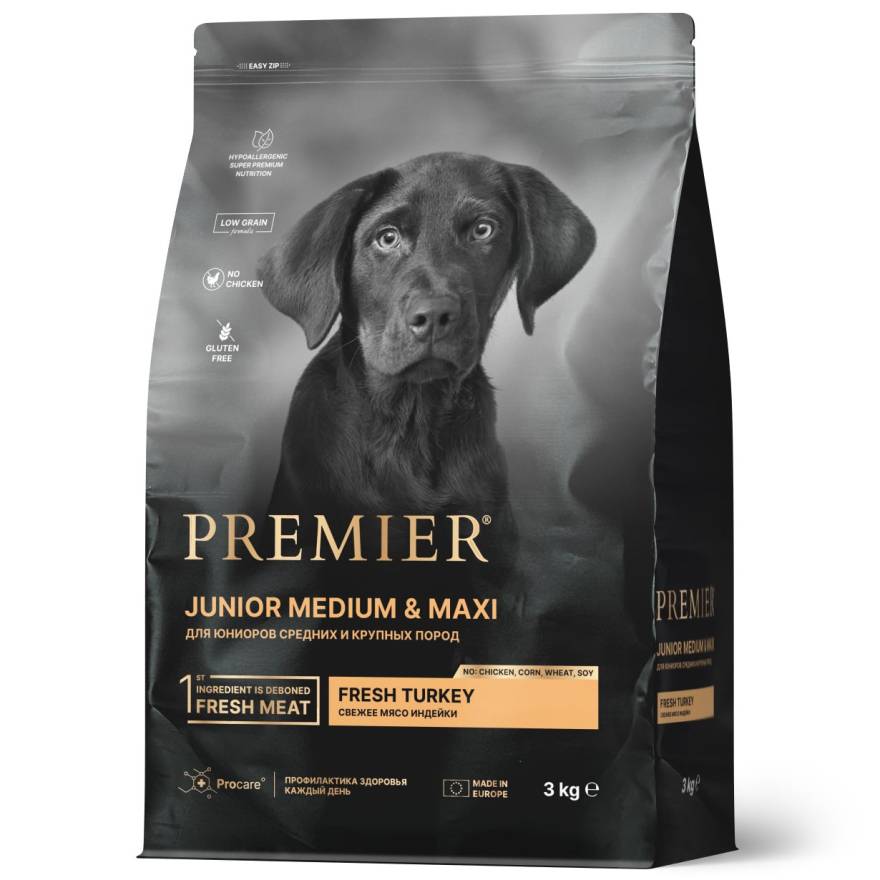 Premier Dog Премьер Дог корм сухой для щенков-юниоров средних и крупных пород с индейкой, 3 кг