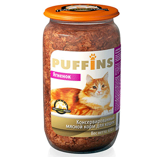 PUFFINS консервы для взрослых кошек ягненок 650 г 