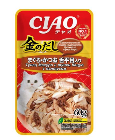 INABA CIAO Корм влажный для кошек Kinnodashi Тунец Магуро и тунец Кацуо с палтусом 60 гр