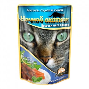 Ночной Охотник 100 г лосось, судак и тунец в желе для кошек 60238