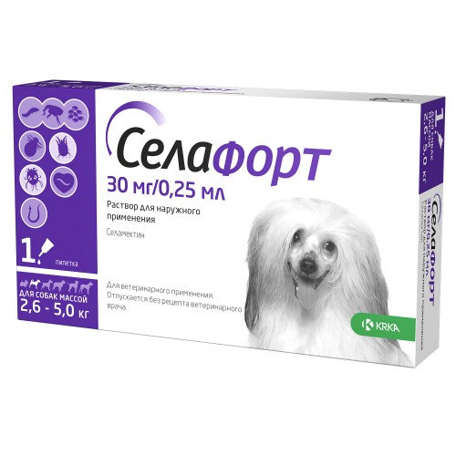 Селафорт от блох, чесоточного клеща и гельминтов для кошек и собак от 2,6-5 кг 30 мг/0,25 мл, KRKA