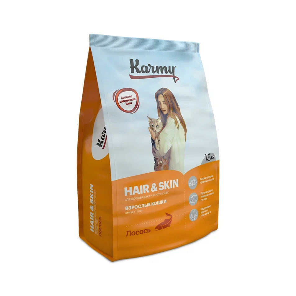 KARMY (Карми) корм сухой для кошек для кожи и шерсти лосось 1,5 кг