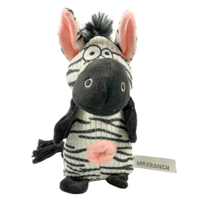 Mr.Kranch Игрушка для собак Зебра плюшевая с канатиками, пищалкой и карманом под лакомство 21 см бел