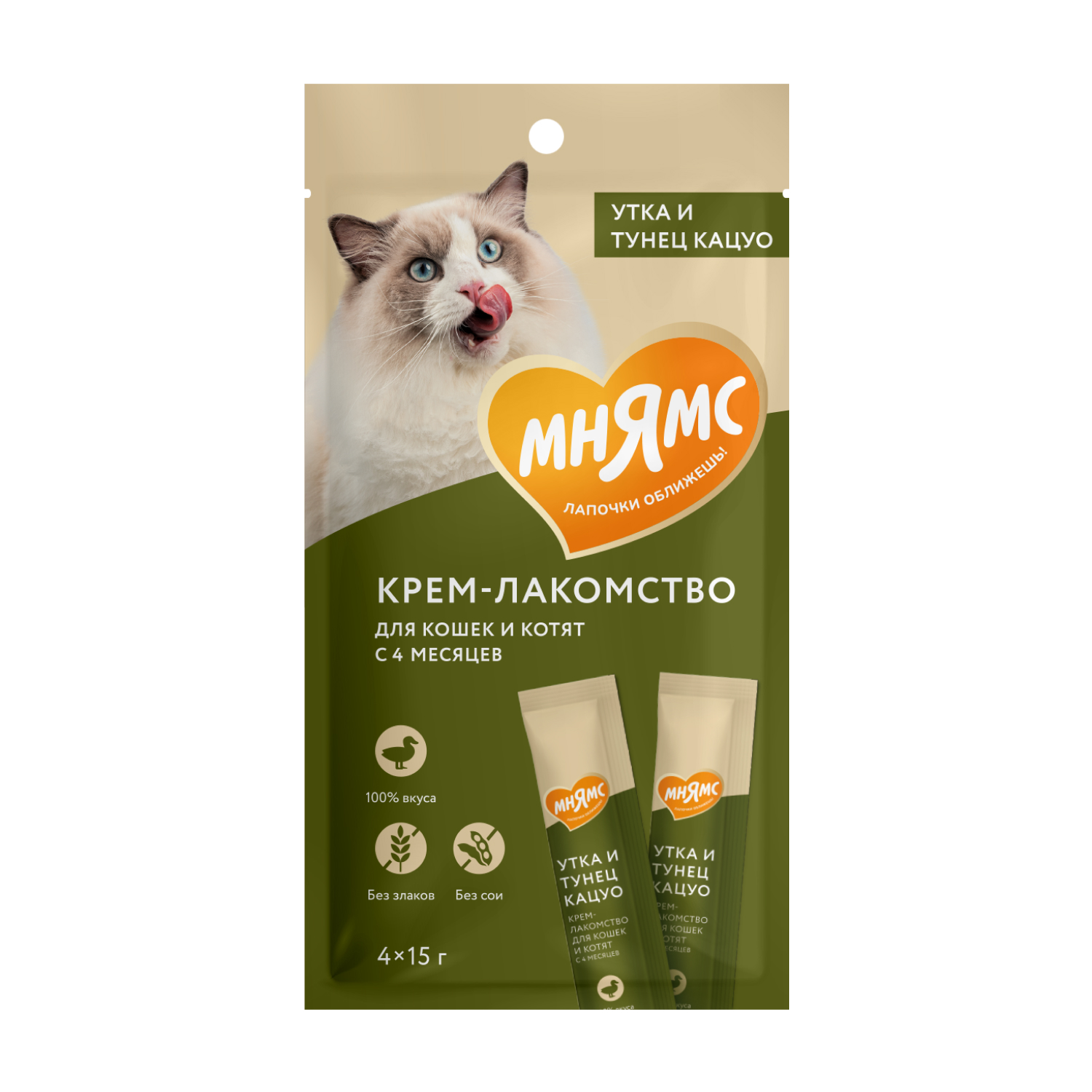 Мнямс Крем-лакомство для кошек с уткой и тунцом Кацуо 15 г*4 штуки в упаковке