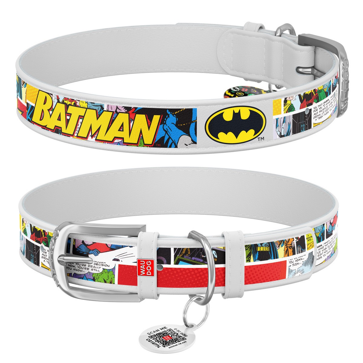Ошейник WAUDOG Design с QR паспортом "Бэтмен1", Ш 20 мм, Дл 29-38 см белый 0020-1003-15