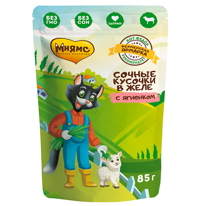 Мнямс влажный корм для кошек "Кот Фёдор" сочные кусочки с ягненком в желе 85 г