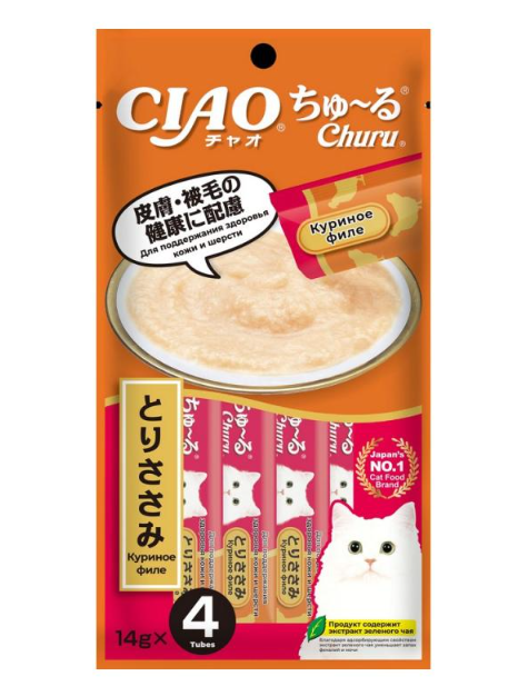 INABA Крем-лакомство Churu пюре для кошек куриное филе Для кожи и шерсти (1 штука)