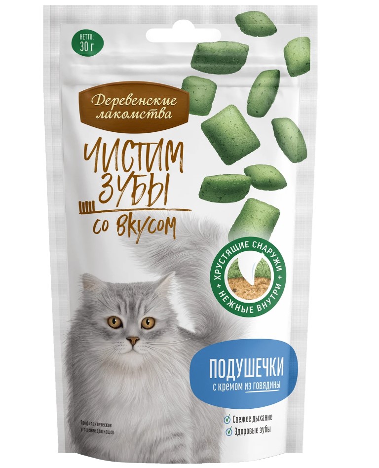 Деревенские лакомства Чистим зубы для кошек Подушечки с кремом из говядины 30г