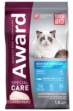 AWARD(Авард) CARE сухой корм для взрослых кошек Красота кожи и шерсти с белой рыбой 1,5кг