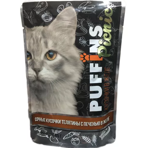 PUFFINS влажный корм для взрослых кошек сочные кусочки телятины с печенью в желе 85 г 