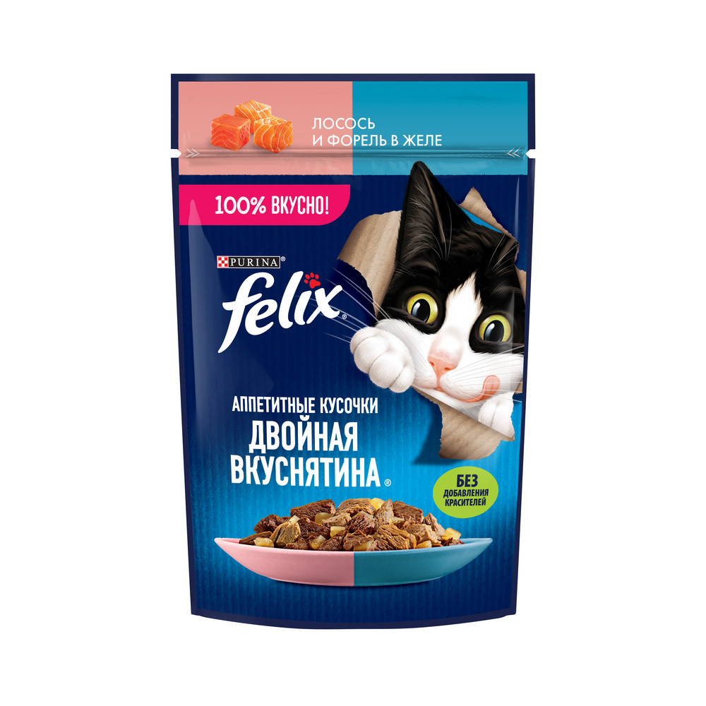 FELIX (Феликс) Двойная вкуснятина влажный корм для взрослых кошек лосось и форель желе 75 г