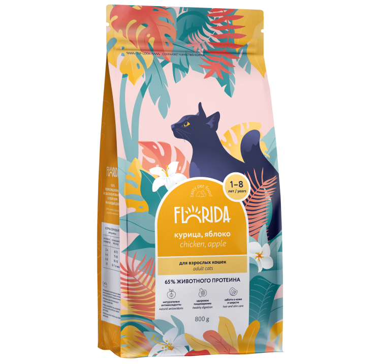 FLORIDA (Флорида) корм сухой для взрослых кошек с курицей и яблоком 800 г