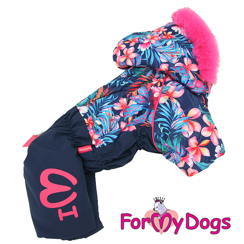 FOR MY DOGS Комбинезон утепленный черно/розовый "Цветы"для девочек размер спины 36 см, грудь 48 см
