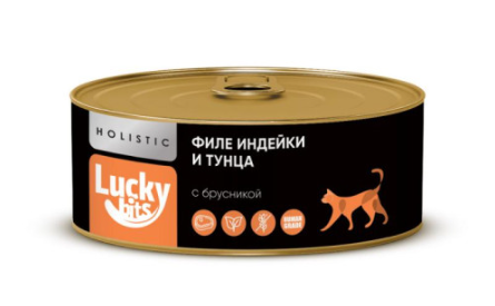 Lucky bits (Лаки Битс) консервы для кошек филе индейки и тунца с брусникой, 100 г