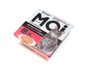 MOI (Мой) консервы для кошек мясные кусочки с телятиной в желе, профилактика заболевания почек 100 г