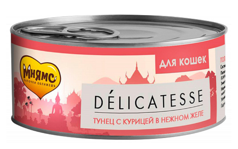 Мнямс delicatesse влажный корм для взрослых кошек тунец с курицей в нежном желе 70 г